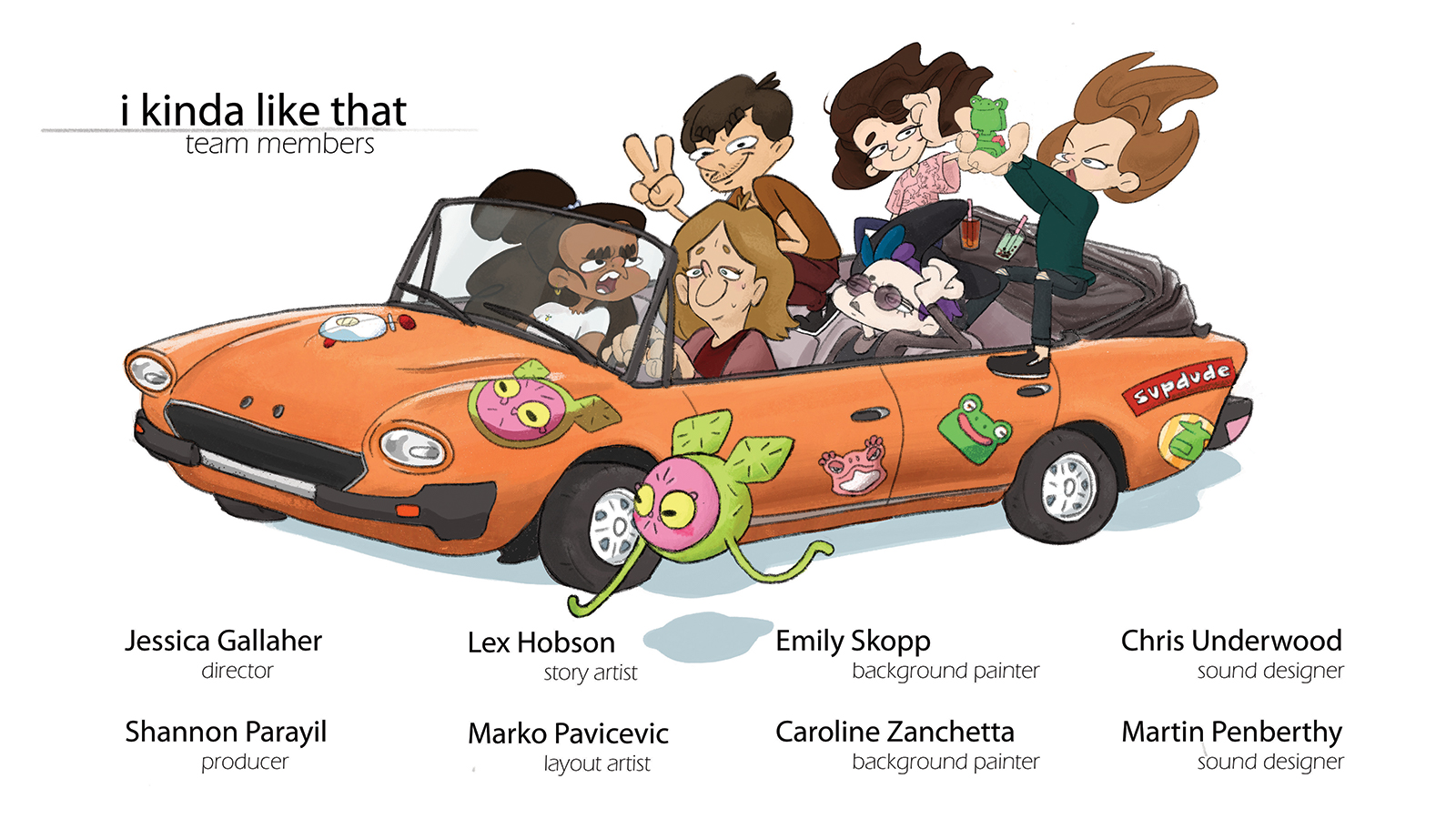 Drawn caricatures of Flap's creators in a car.