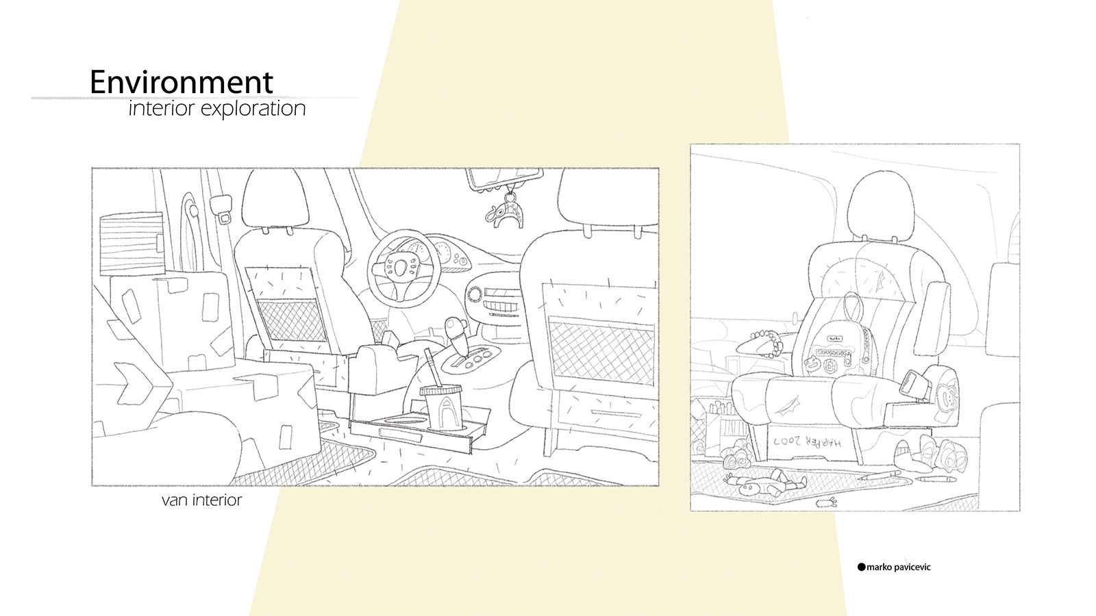 Sketches of the interior of a minivan.