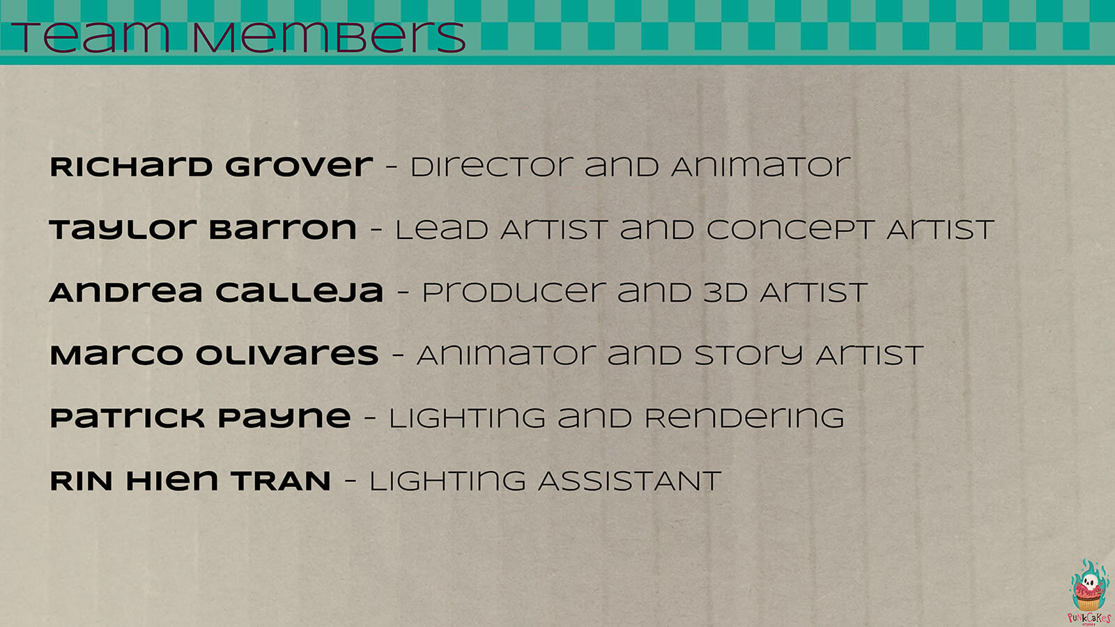 A team member credit sheet, including Richard Grover, Taylor Barron, Andrea Calleja, Marco Olivares, Patrick Payne, and Rin Hien Tran.