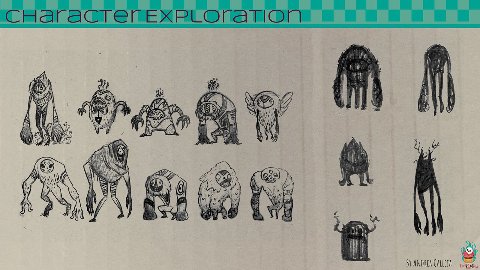 A "character exploration" sheet, exploring different designs for the film's alien character.