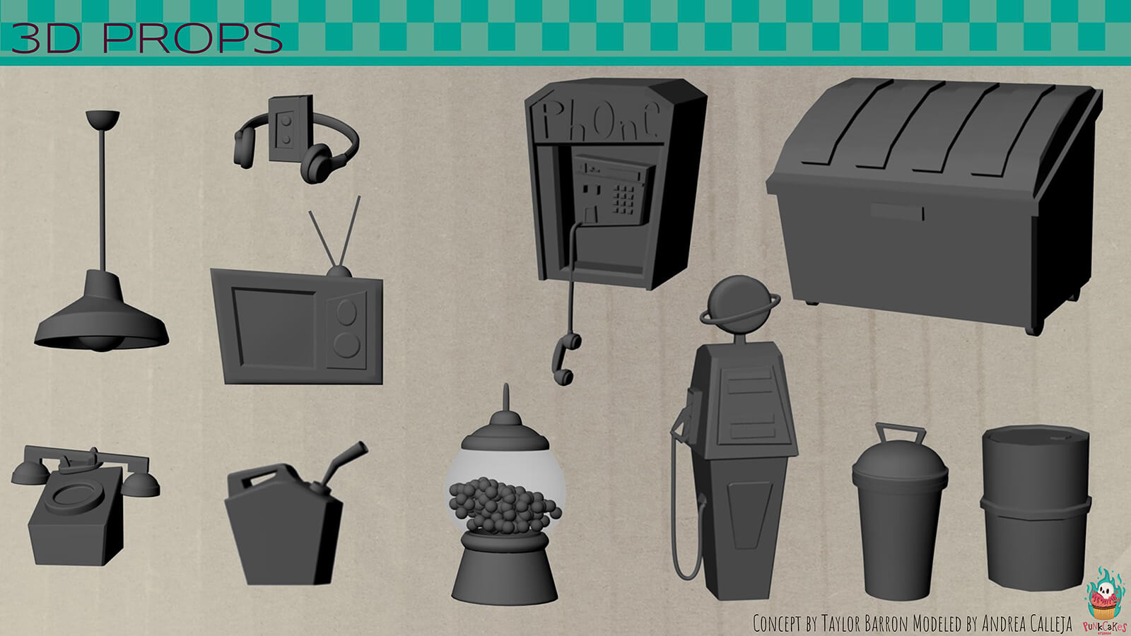 Untextured 3D props from the film, including a lamp, telephones, a dumpster, and more.