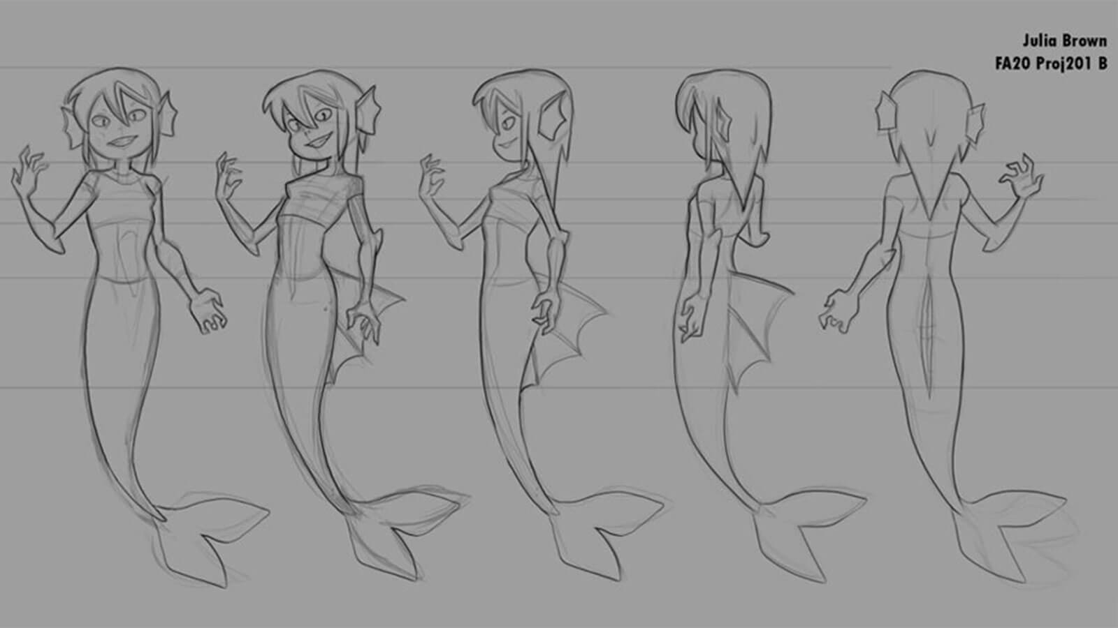 Mermaid character sketch drawn from five angles