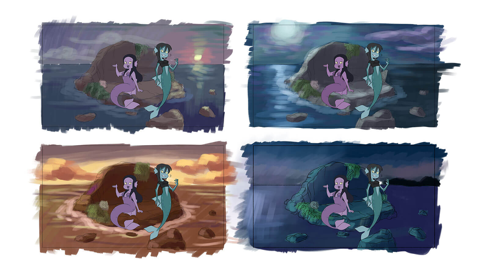 Drawing of two mermaid characters depicted at different times of day
