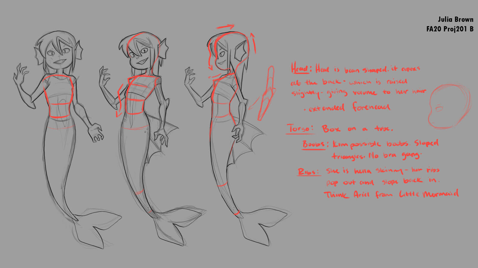 Full-body sketches with notes for a mermaid character