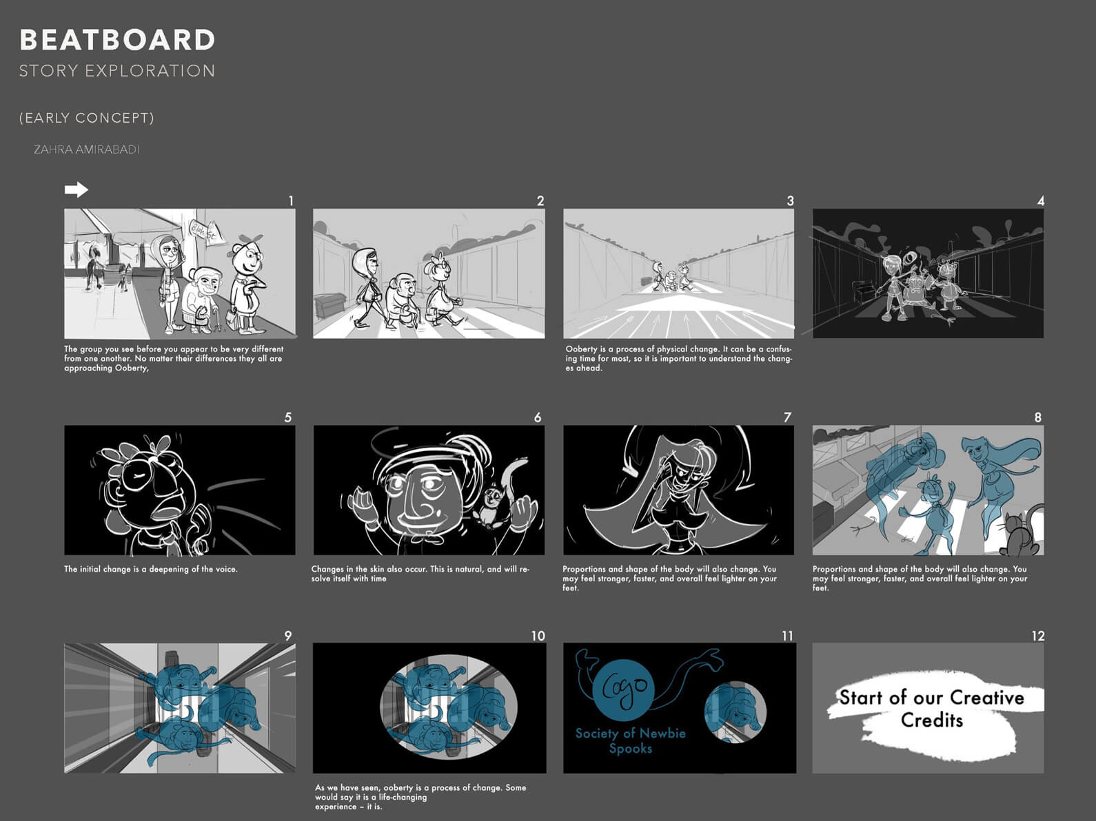 Beatboard and black and white sketches depicting the initial imagined plot and action of Orientation Center for the Unseen