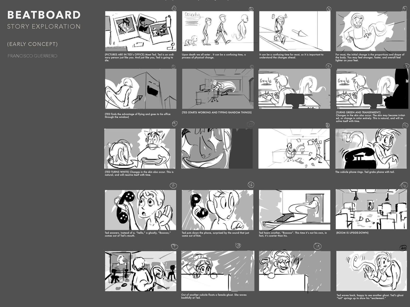 Second beatboard and black and white sketches depicting the initial extended plot of Orientation Center for the Unseen