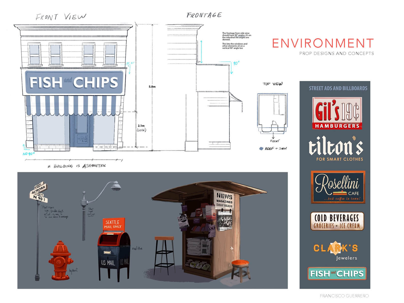 Concept sketches and drawings of building frontage, props, and logos for street setting in Orientation Center for the Unseen