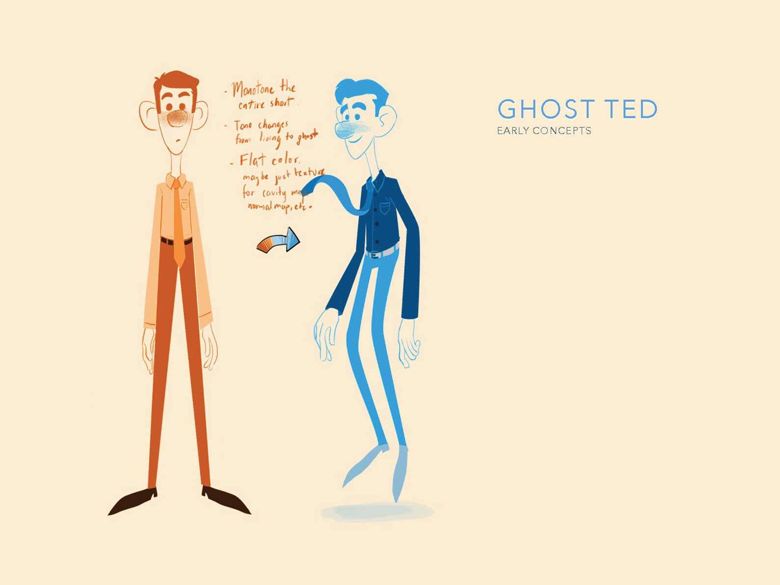 Early concept sketch of Ted's change from alive color palette to ghostly blue once dead in Orientation Center for the Unseen