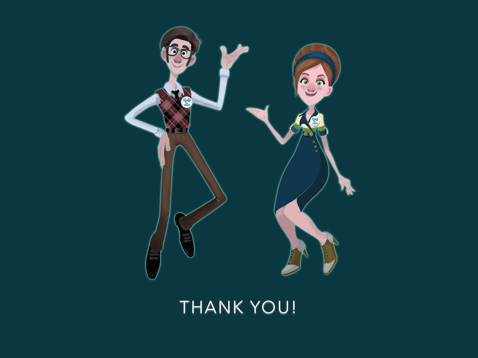 Floating man and woman against a dark green background waving at the viewer. "THANK YOU!" seen in white text below.