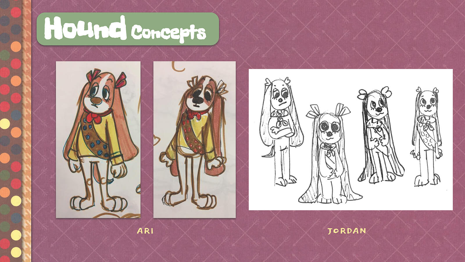 Concept art and sketches of the character Hound.