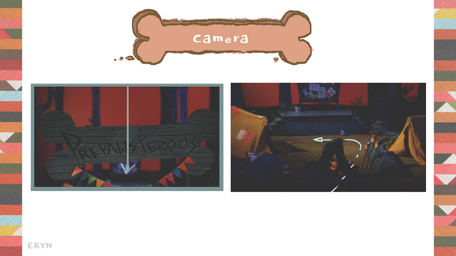 Indications for camera movement around a fabricated, miniature camp ground set