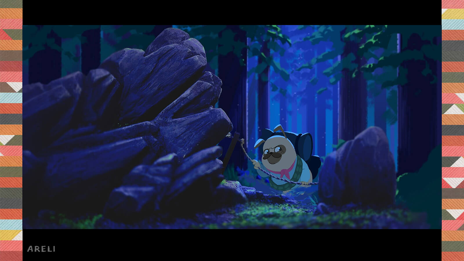 A pug walking in a darkened forest.