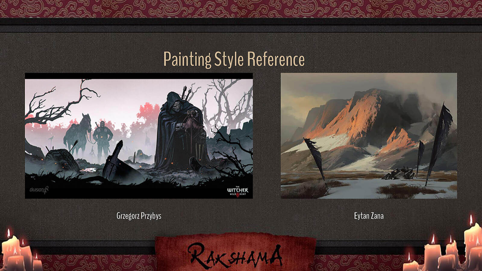 Painting Style Reference slide for the film Rakshama, including artwork by Grzegorz Przybys and Eytan Zana