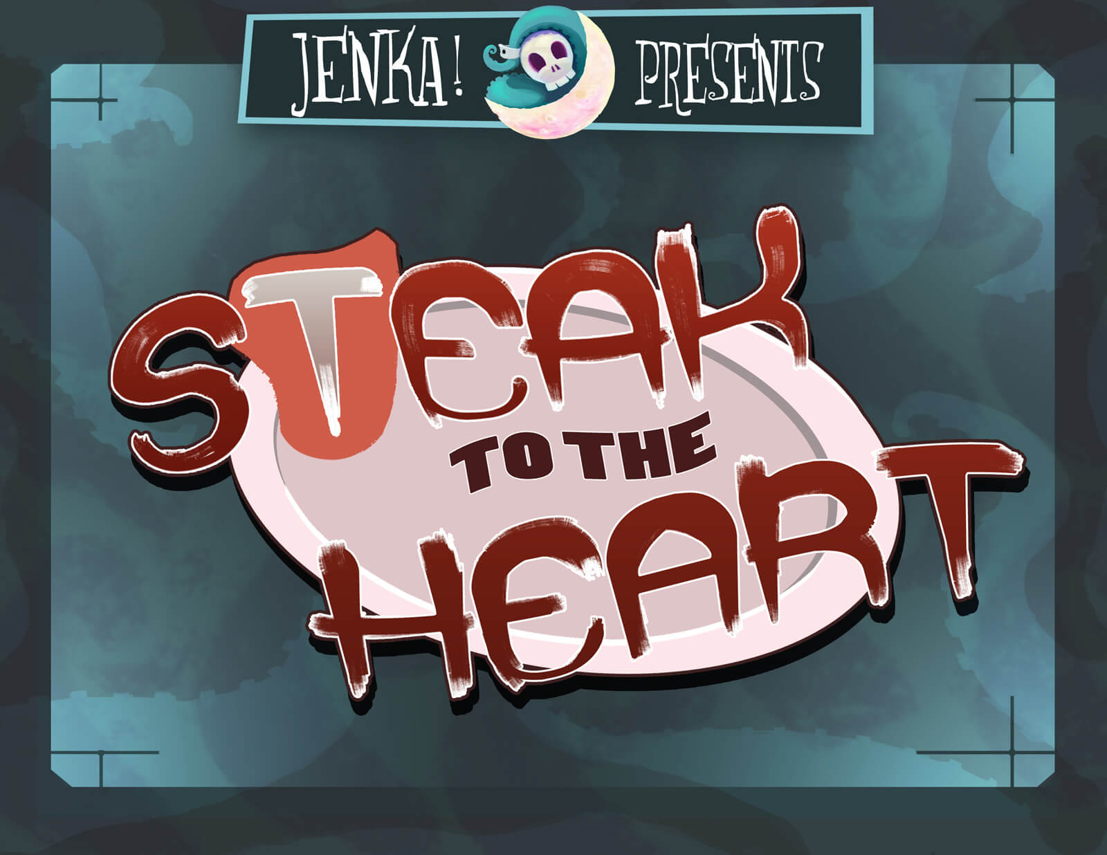 Stylized title card for the film Steak to the Heart in red letters, with a white plate on a teal background
