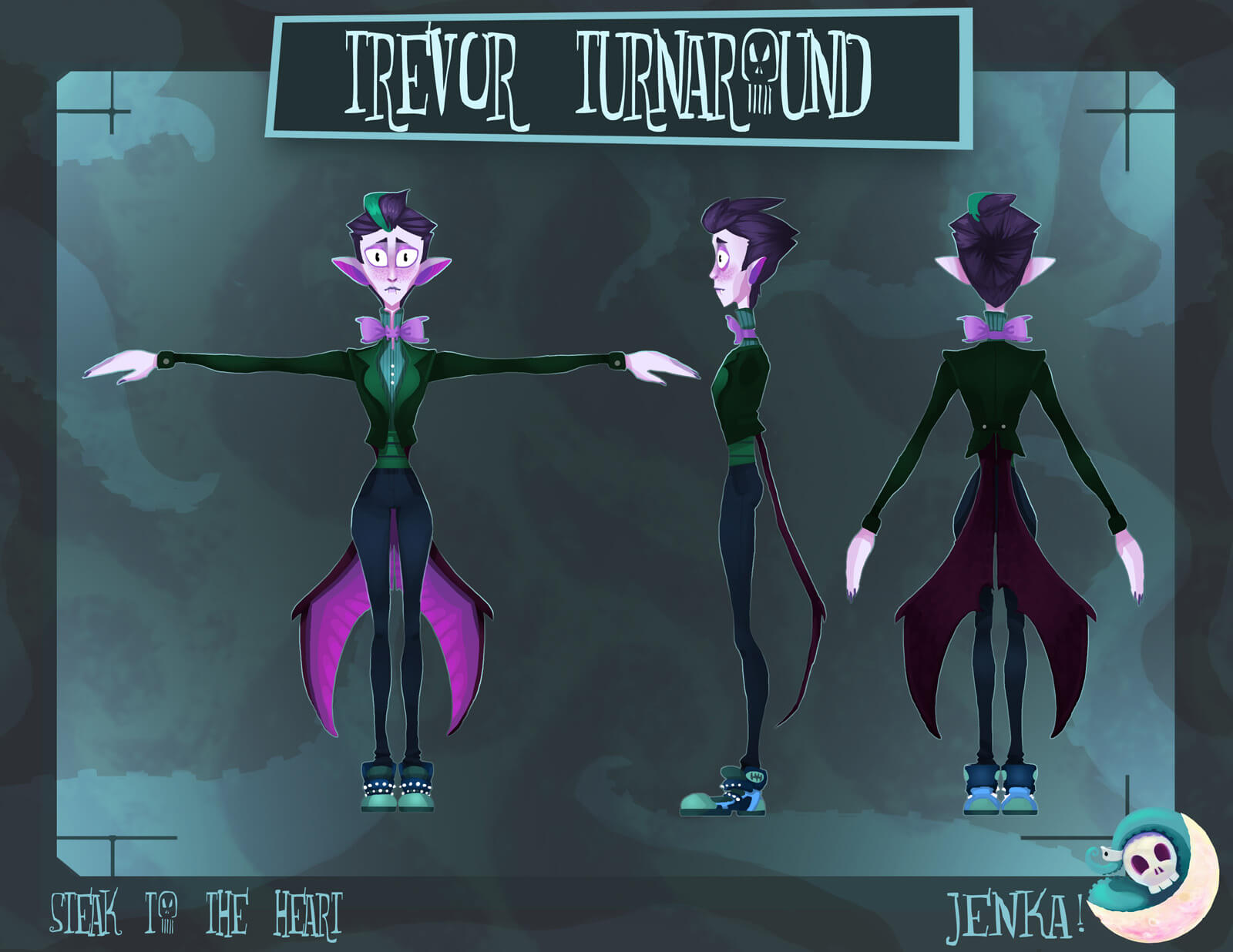 Three final designs of a pink vampire in a tuxedo from the film Steak to the Heart from the front, side, and back
