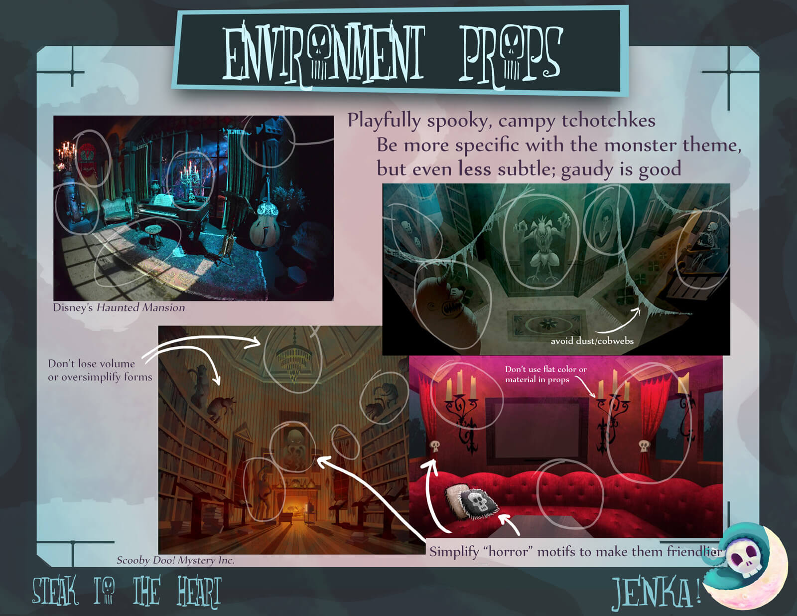 Environmental Prop slide for the film Steak to the Heart, showing inspiration and guidelines from props in the scene