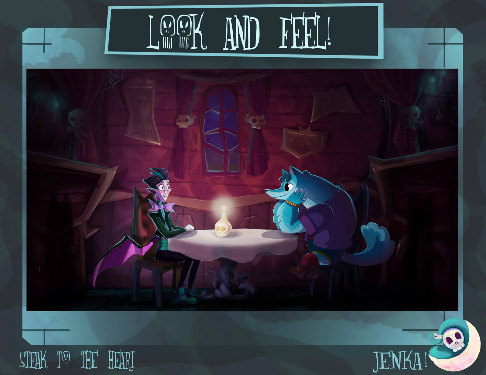 Look and Feel slide for the film Steak to the Heart, with a blue werewolf and pink vampire sitting at a candlelit table in a restaurant