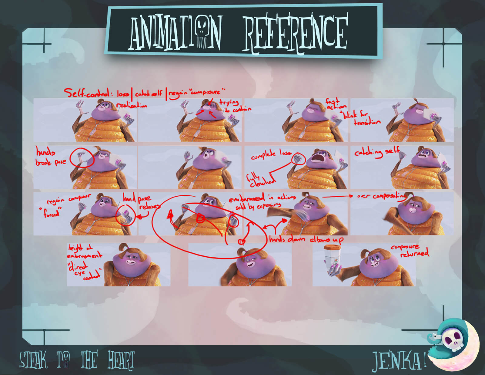 Animation reference slide for the film Steak to the Heart, depicting the movement of a bashful purple alien offering a cup