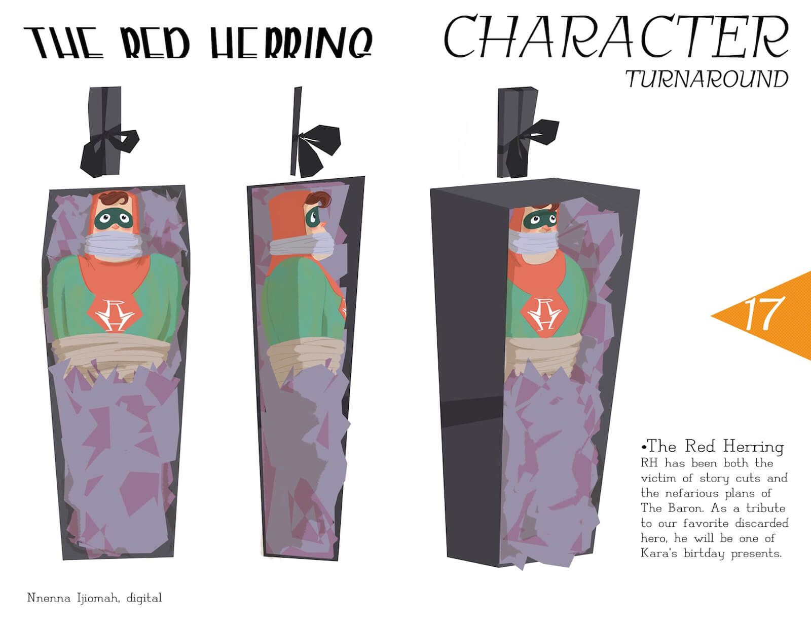 Character turnaround sheet of The Red Herring, a superhero in red and green costume tied up in a gift box