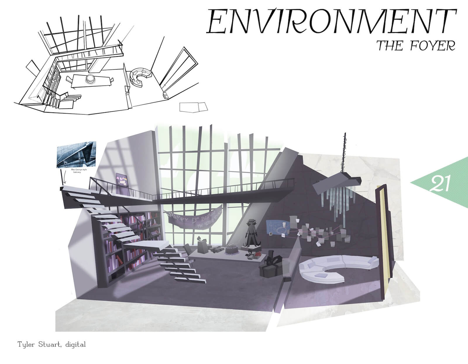 Final artwork depicting the Foyer setting including lofted apartment and windows in the film Super Secret