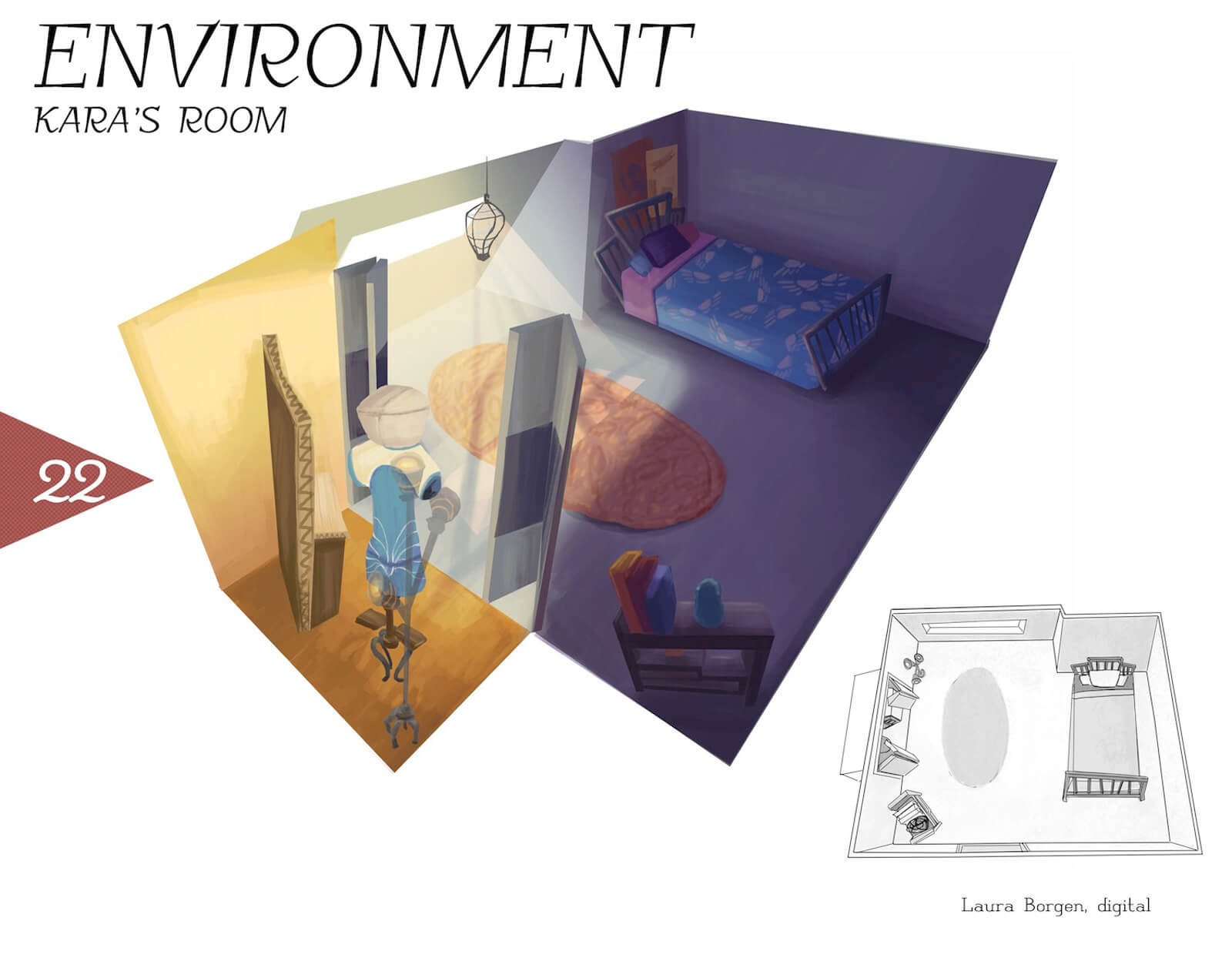 Artwork depicting Kara's room in the film Super Secret, including a bed, rug, closet, and skylight