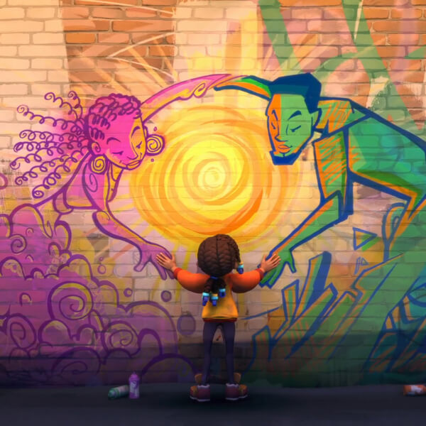 A girl facing a brick wall spray-painted with two figures, one pink, one green, holding hands around a bright sun
