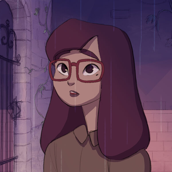 A young woman in glasses stands in the rain in front of a white brick wall with ivy growing on it.