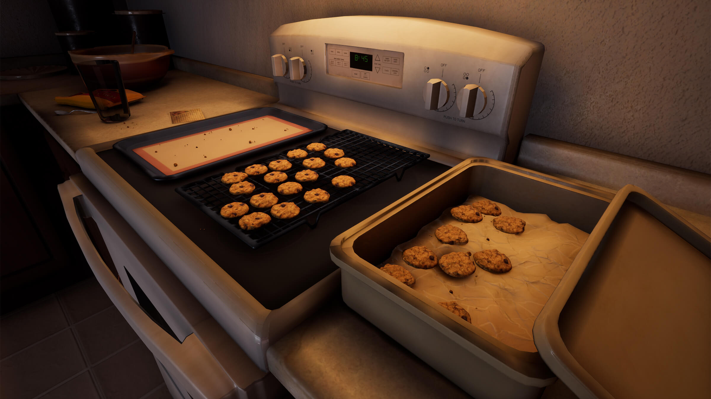 Chocolate chip cookies cooling on a rack on top of a stove