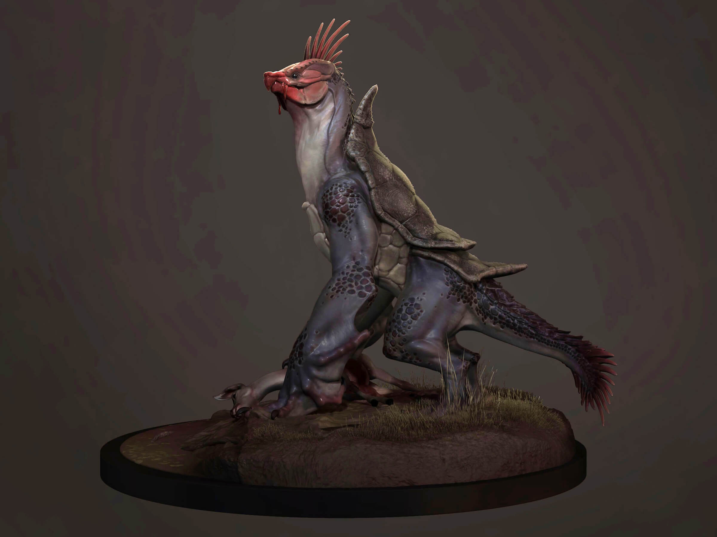 computer-generated 3D model of an animal that looks like a cross between a rooster and a lizard