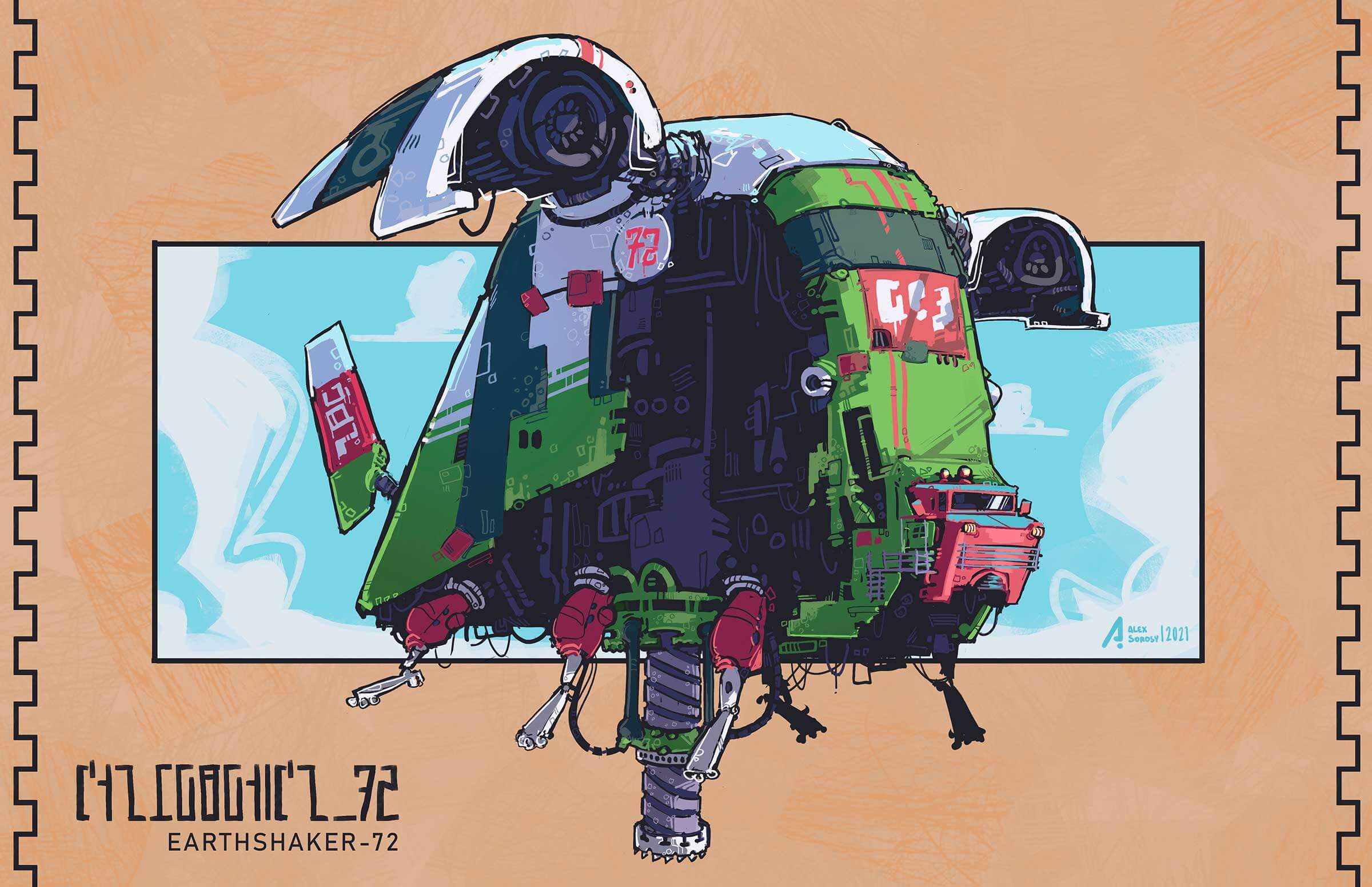 Art of a futuristic spaceship that is tall, chunky, and painted green.