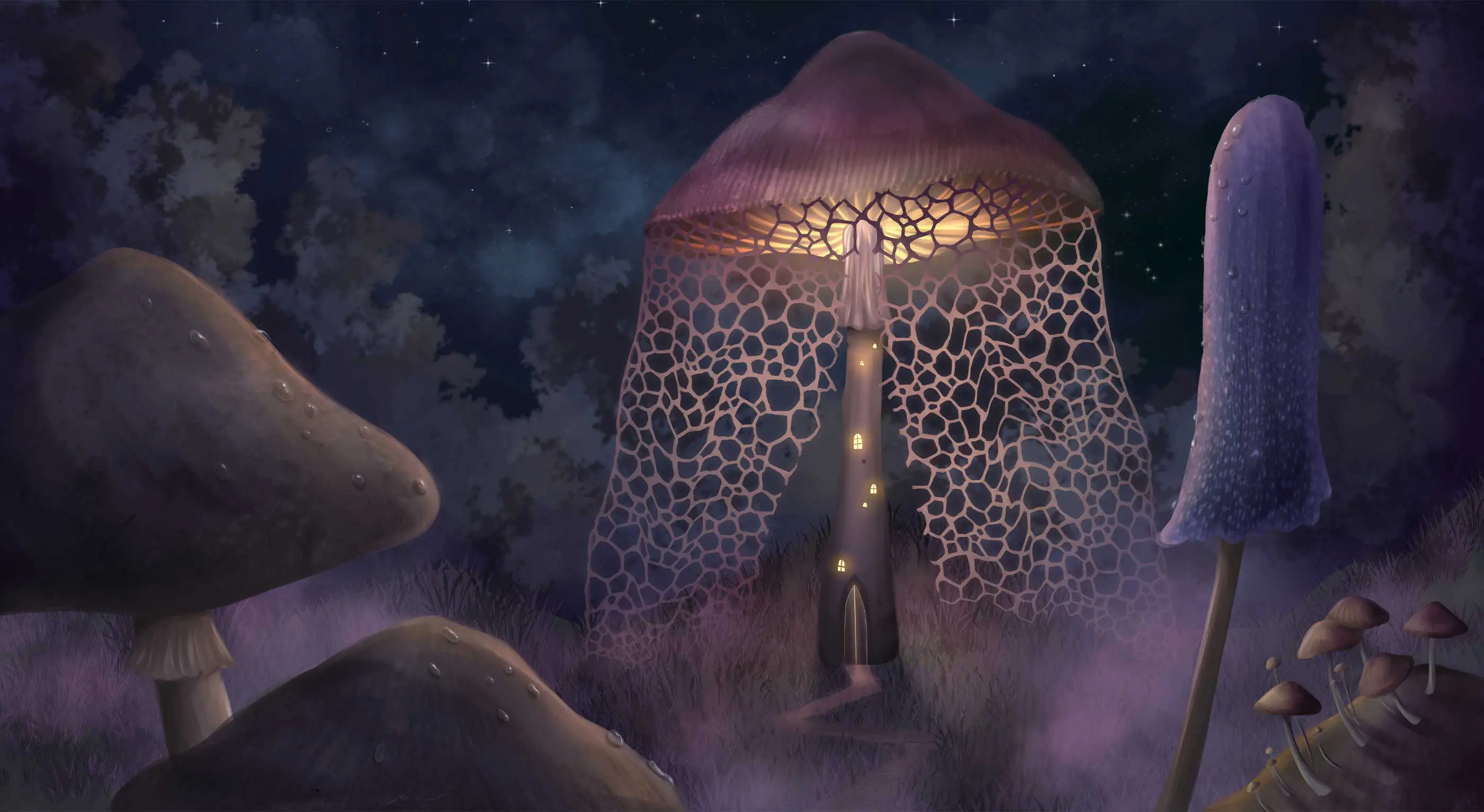 A painting of a tall, illuminated, mushroom with a door and windows.