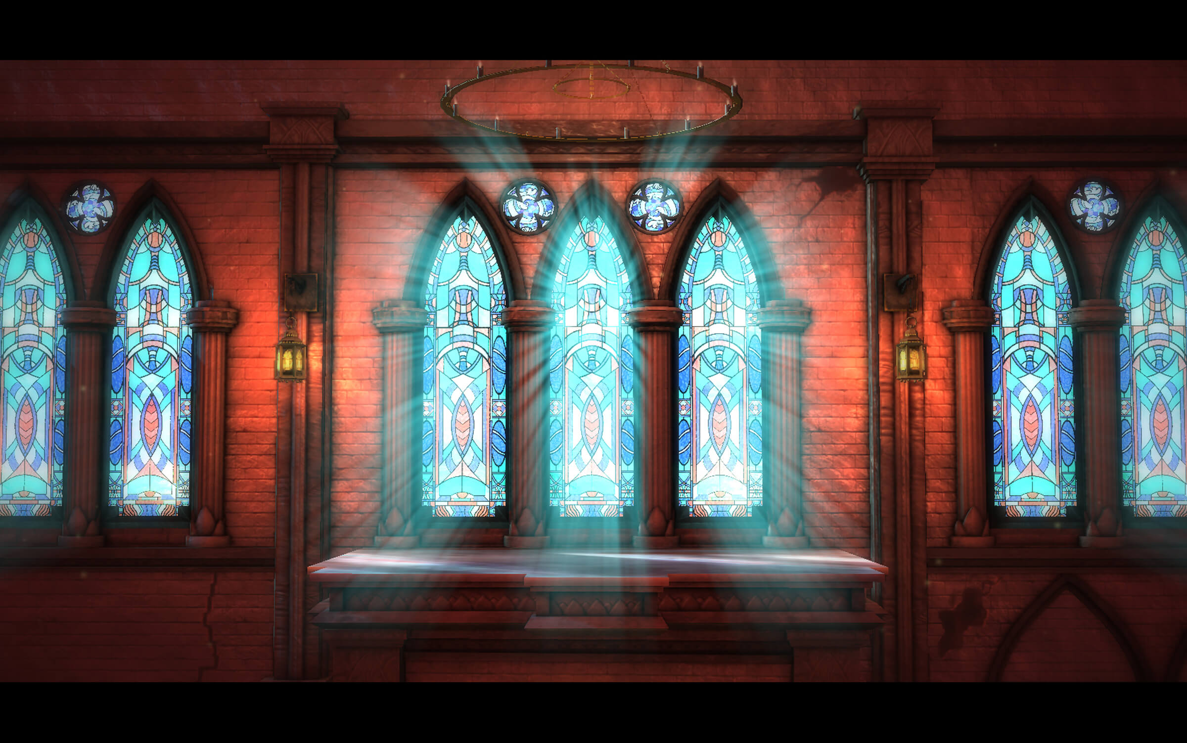 computer-generated 3D environment of the interior of a building with sun pouring through stained glass windows