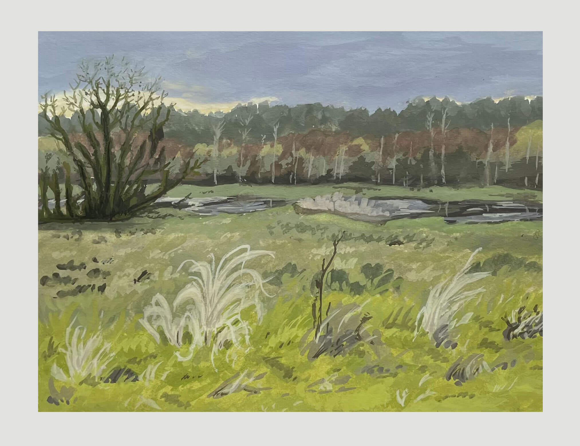 Painting of a meadow area near a body of water.