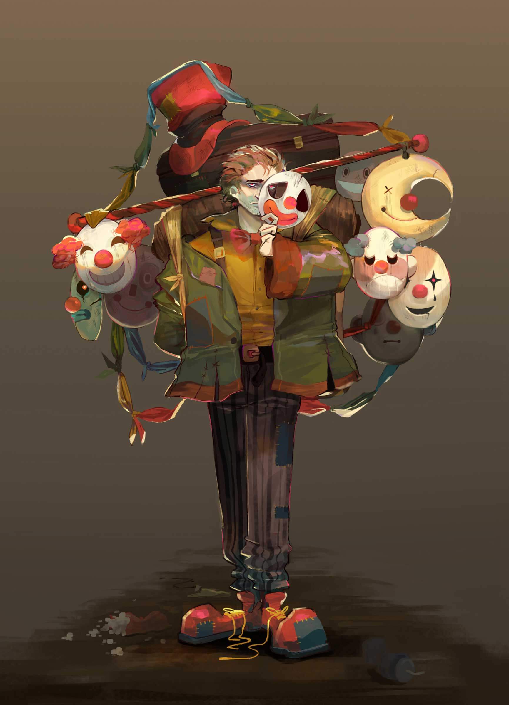 A clown with a wide assortment of masks.