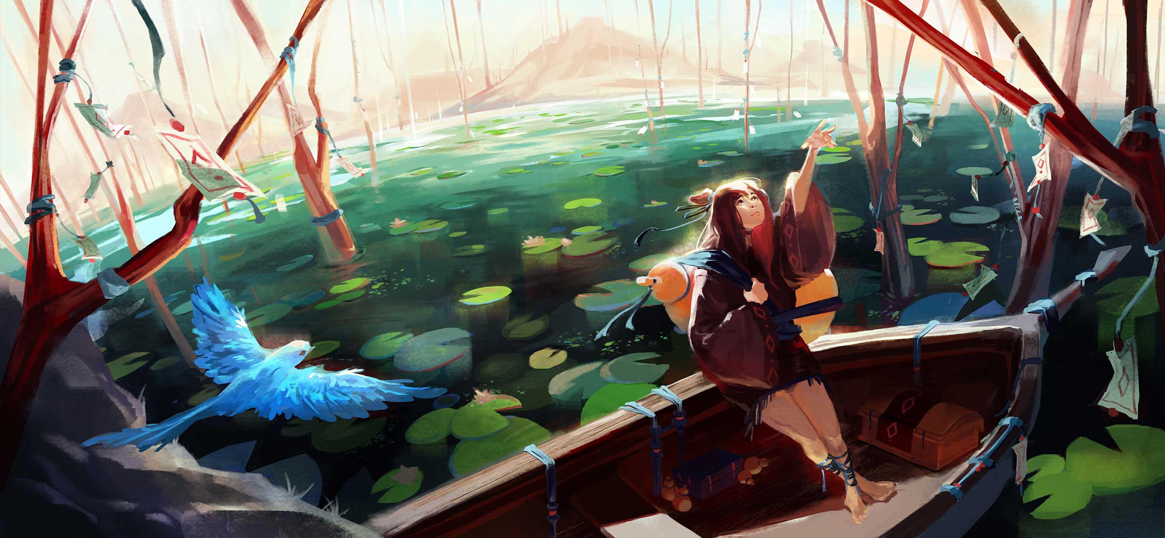 A girl sits on the edge of a rowboat floating in a lake with lily pads.