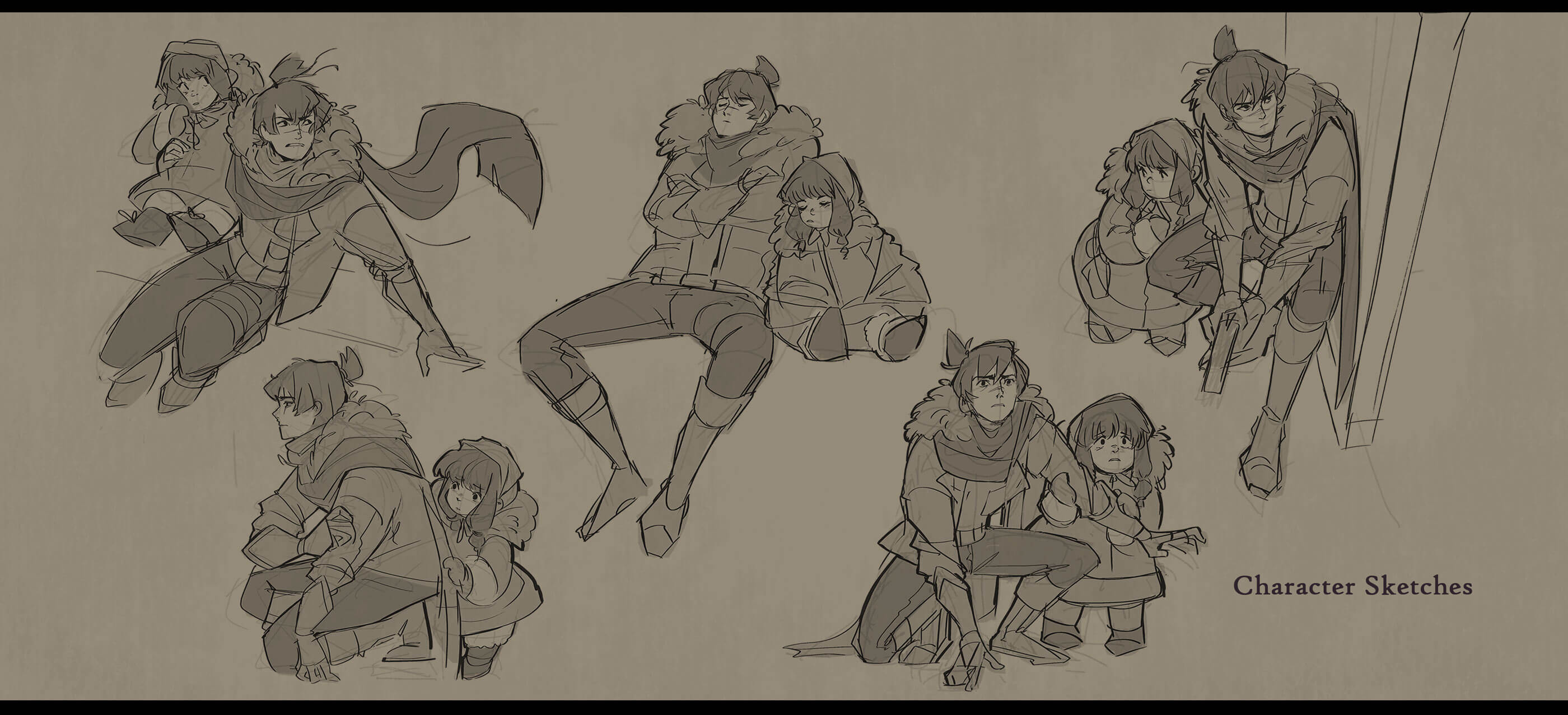 Sketched concept images of a man protecting a little girl.