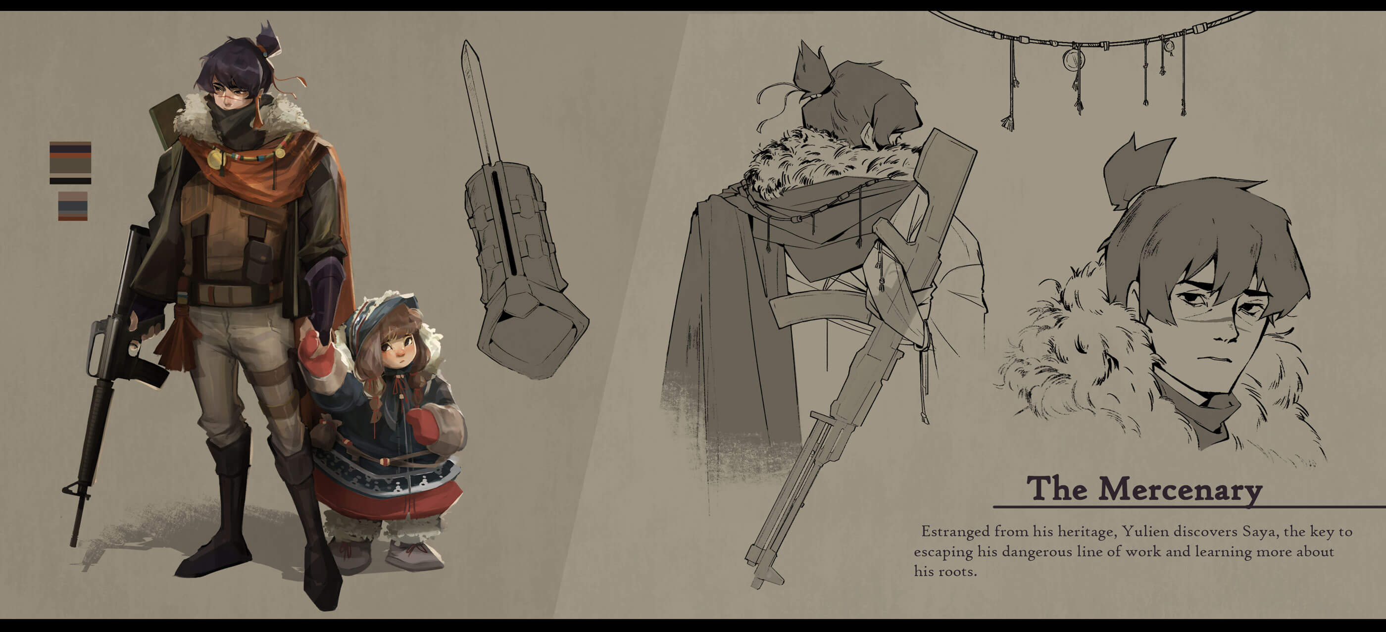 Character concept of a man with weapons protecting a little girl.