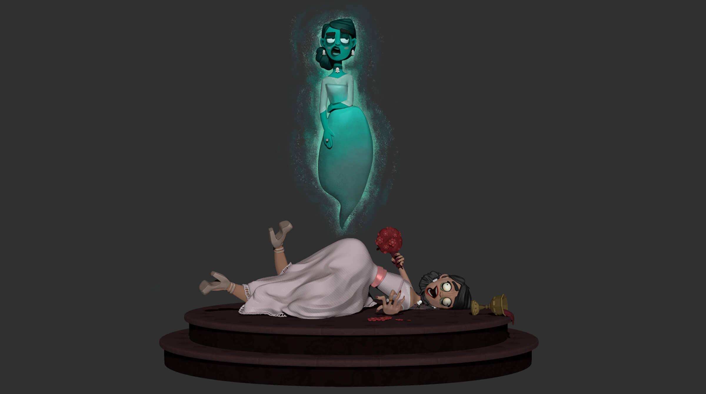 computer-generated 3d model of a female character lying on a pedestal while her ghost floats above