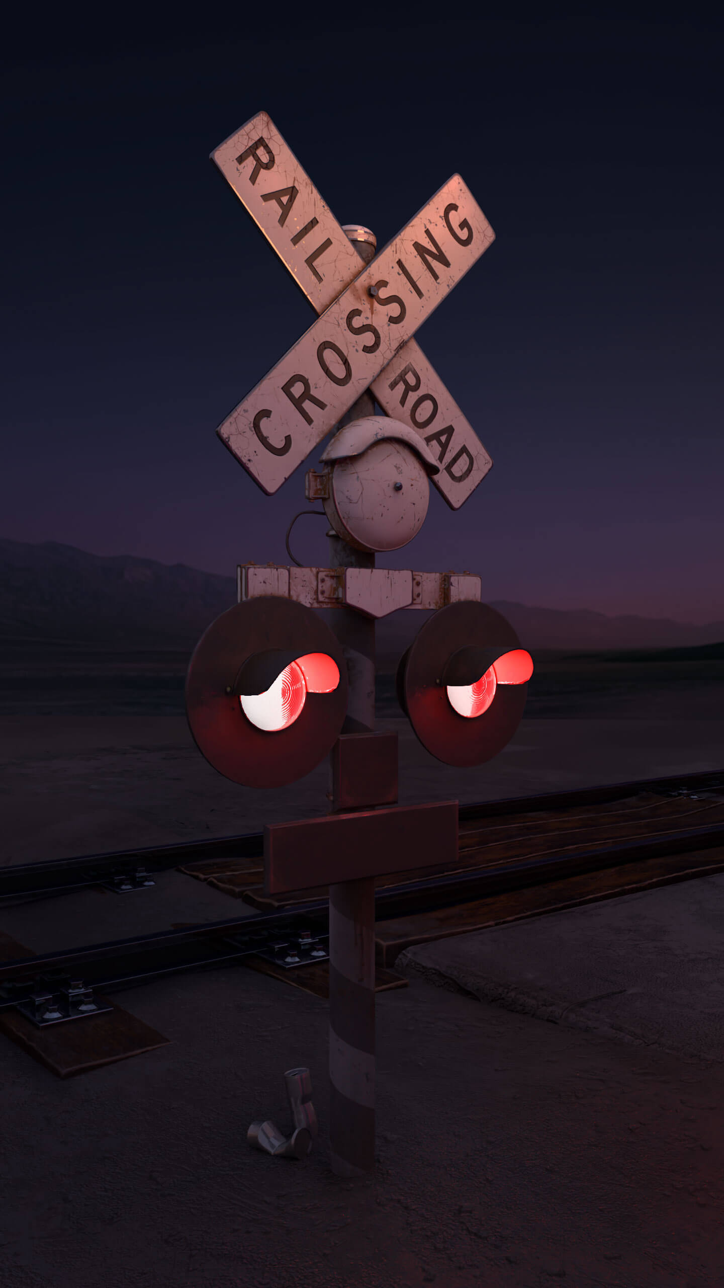 An illuminated railroad crossing sign in a flat, desert nightscape.