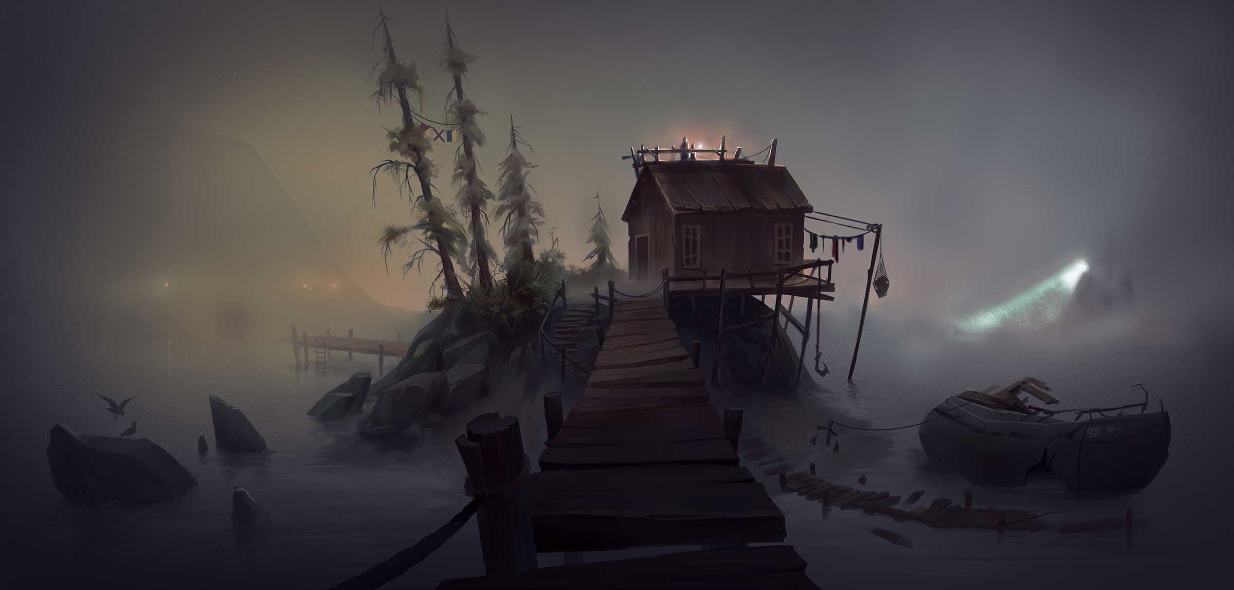 A rickety house stands on a rock within a gloomy swamp environment.