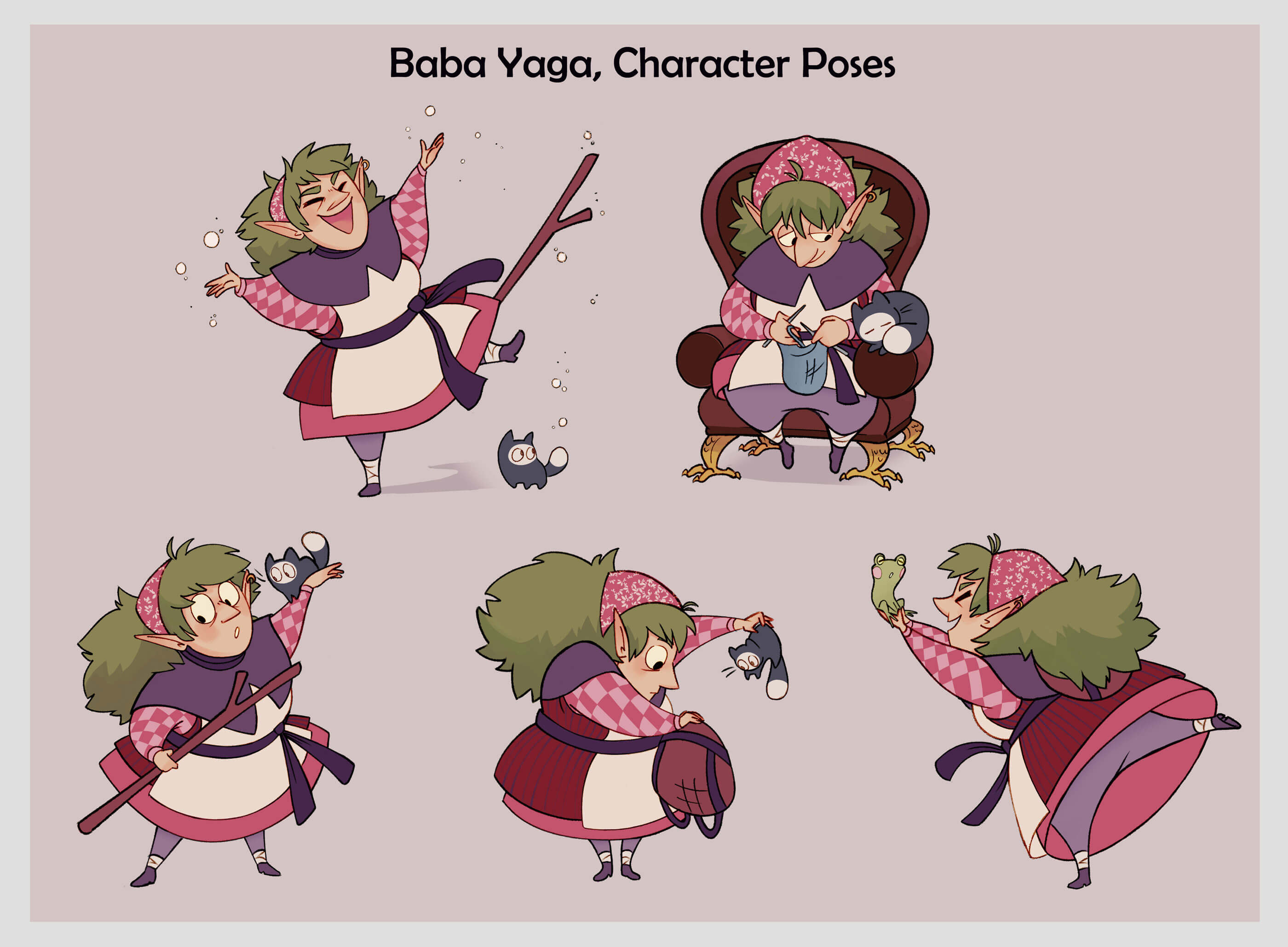 Character sheet of an old woman doing various actions.