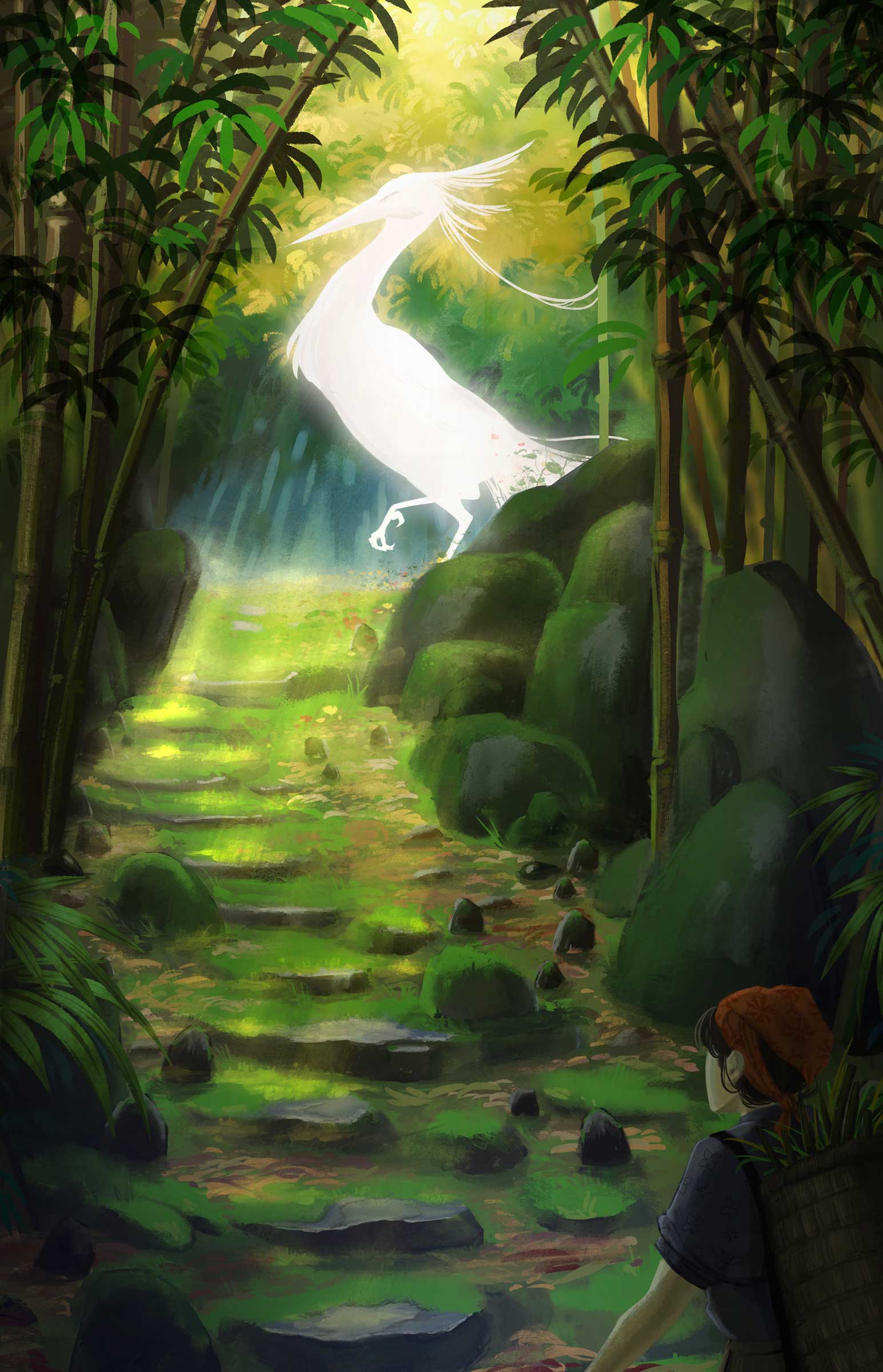 A glowing white bird in a serene bamboo forest.