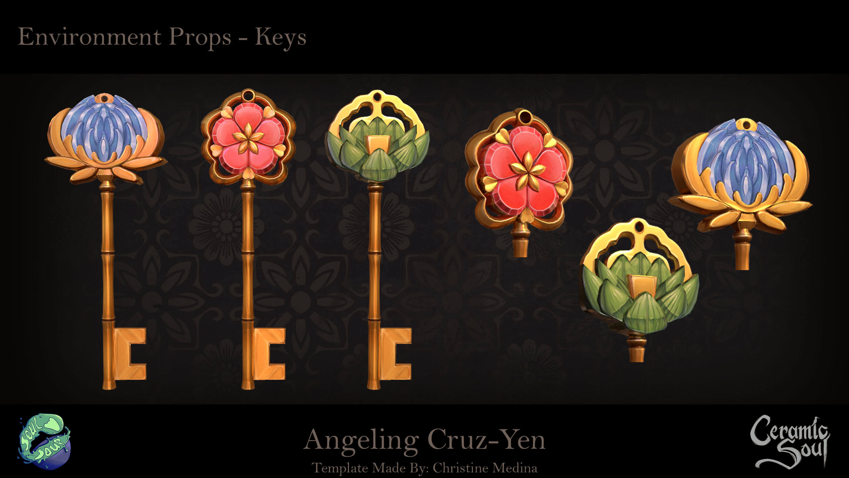 Drawing of three plant-themed keys.