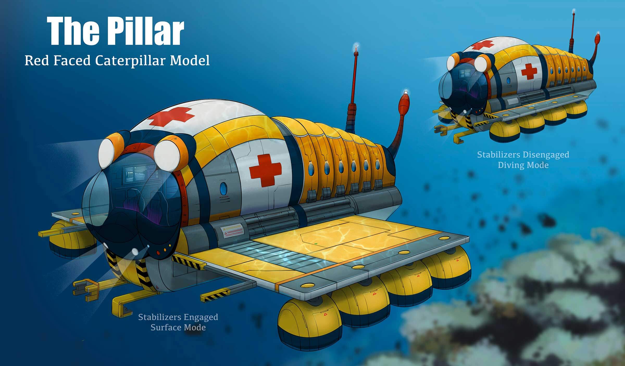 Art of a red faced caterpillar model submarine named The Pillar.