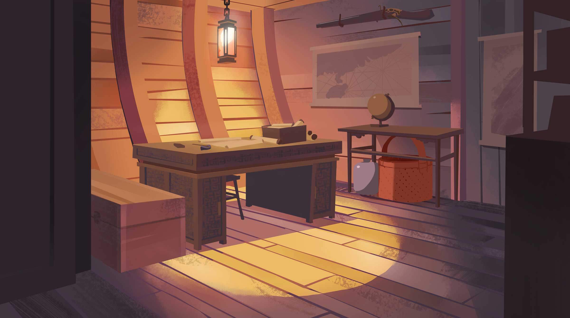 A desk space lit by a lantern within a wooden ship's interior.
