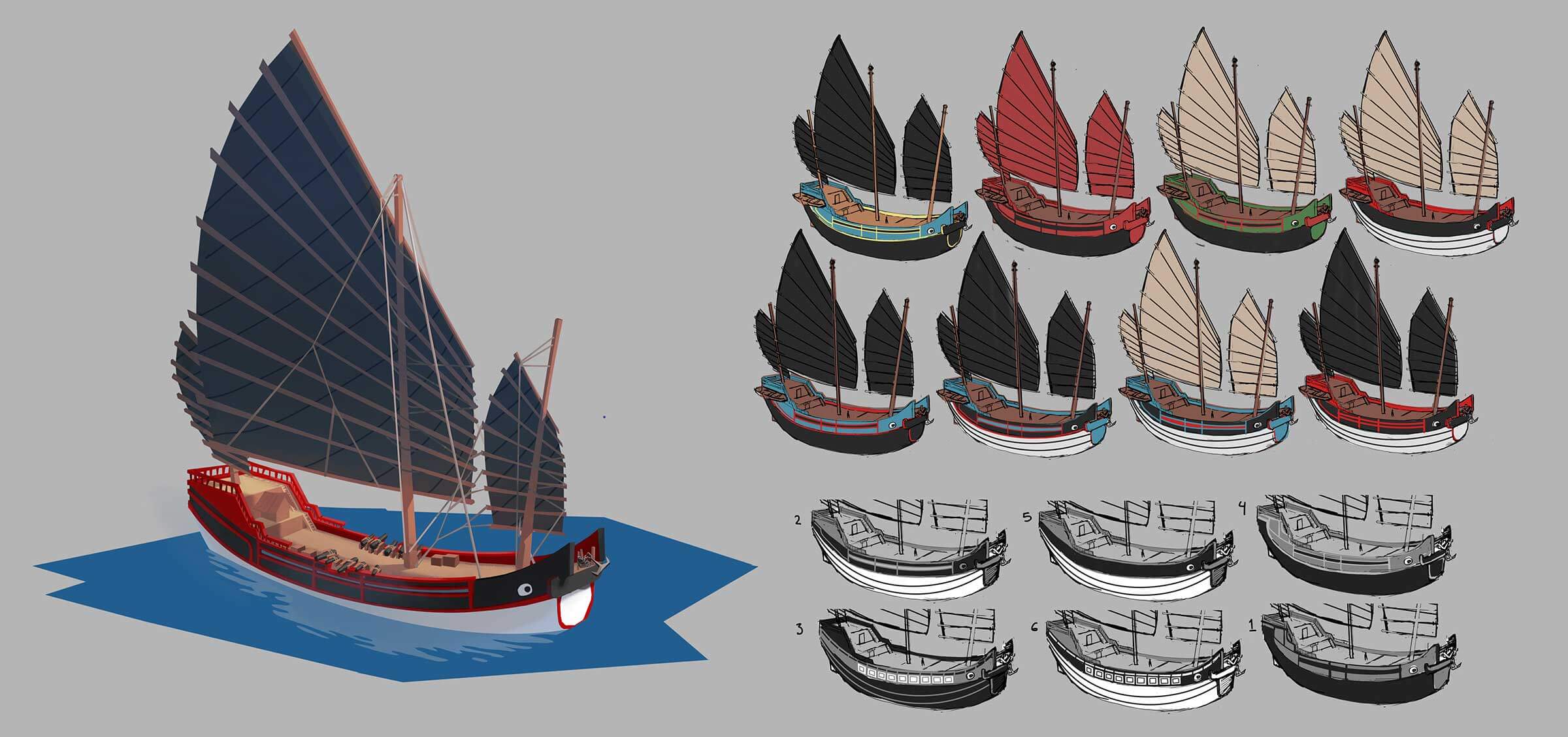 Various color iterations of a Chinese style wooden boat.