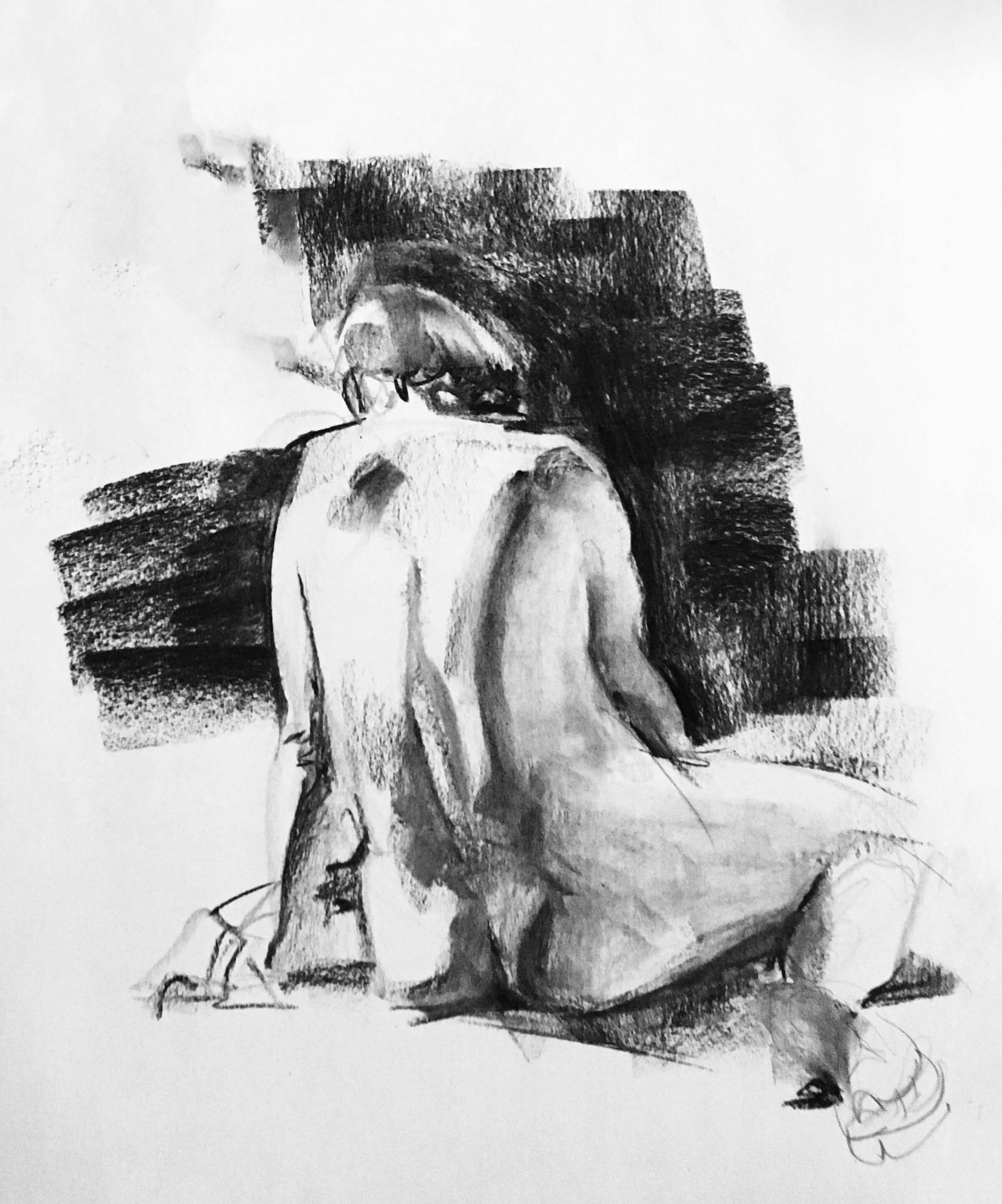 A sketch of a nude woman sitting down, her back to the artist