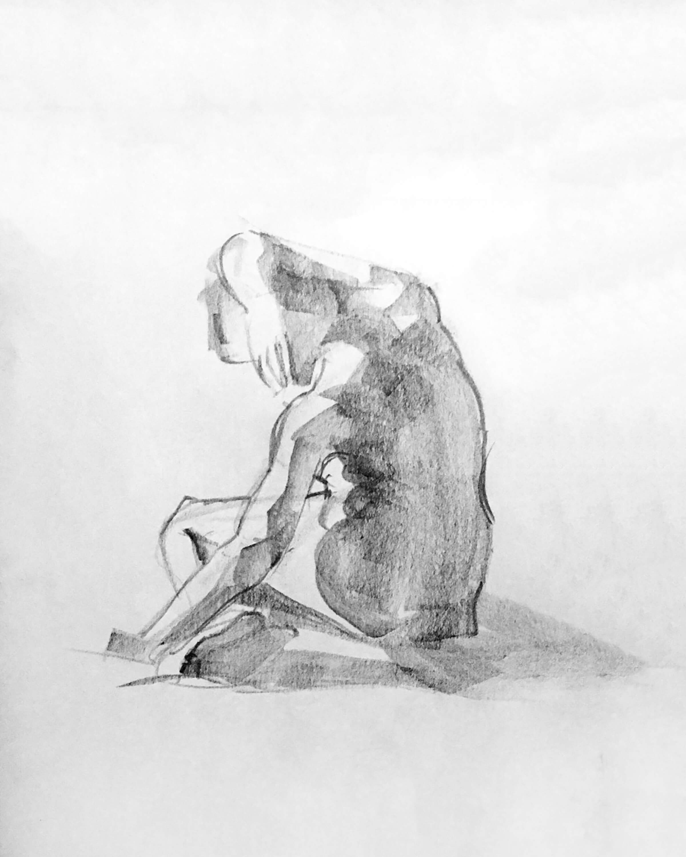 A sketch of a nude woman sitting down, her arm over her head