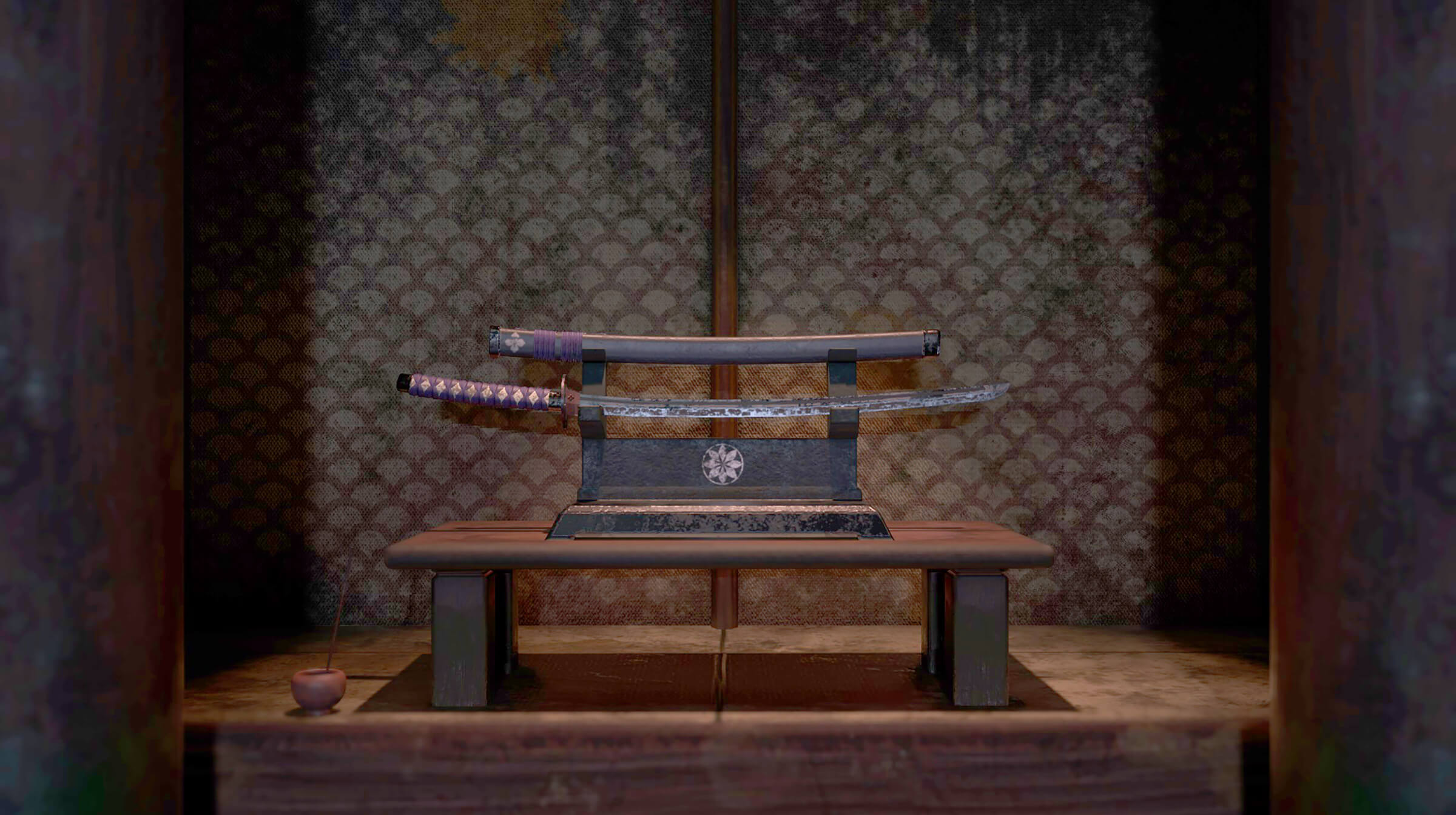 Ancient sword presented on a bench in an alcove