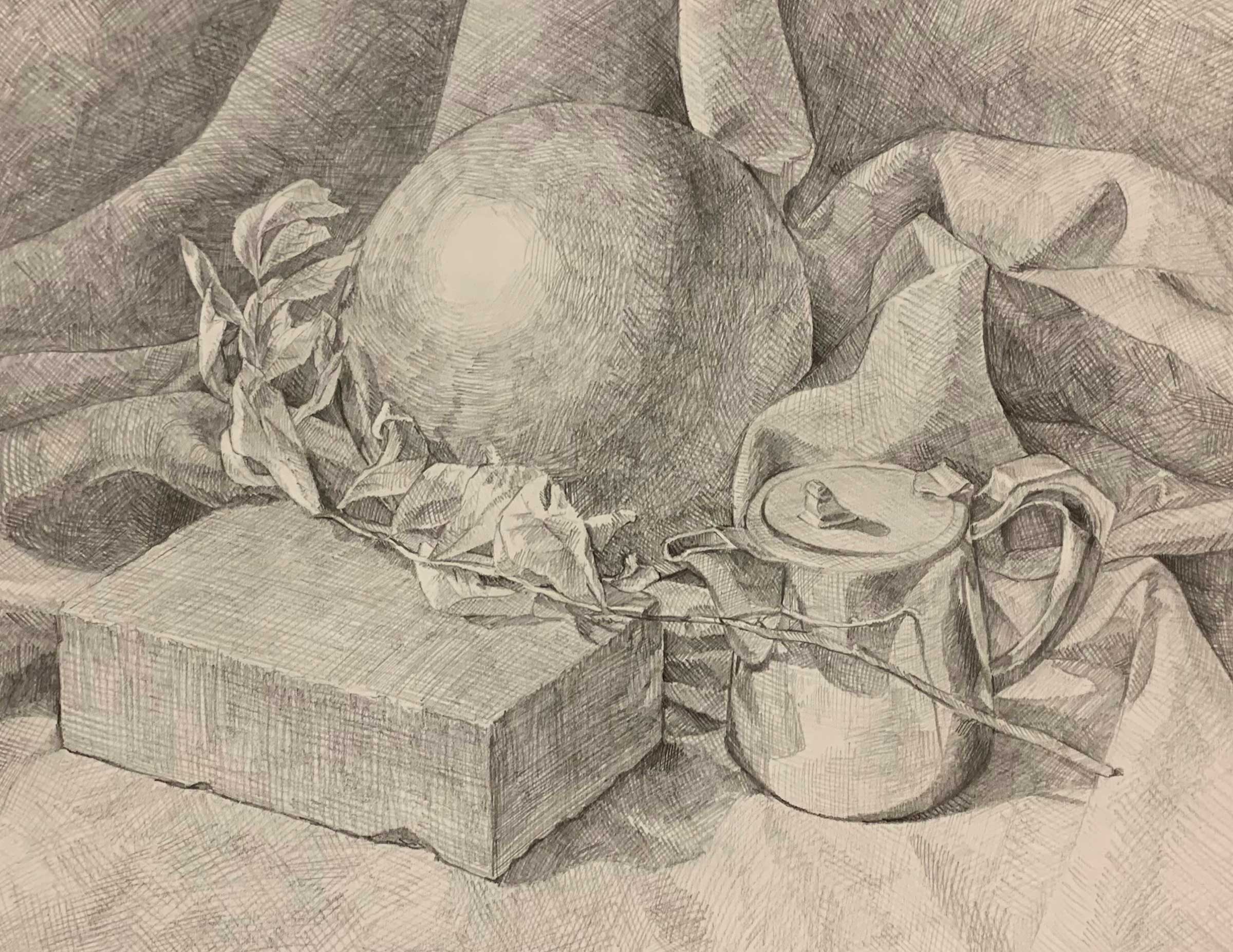 A drawing of a flower, teapot, brick, and ball arranged on a cloth.